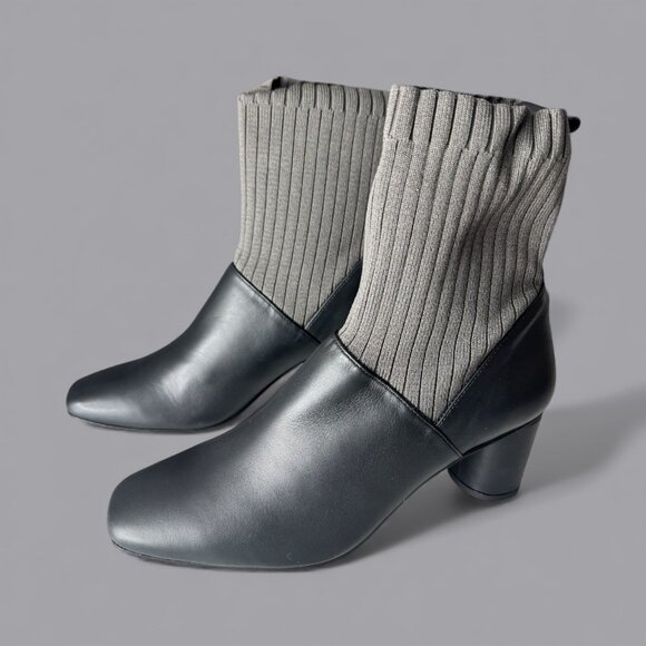 New Max Mara Block Ankle Boot Dark Gray Leather Knit Fitted Sock EU 37 US 7 - Picture 1 of 6